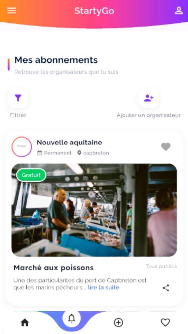 Écran Mes abonnements : les événements des organisateurs suivis