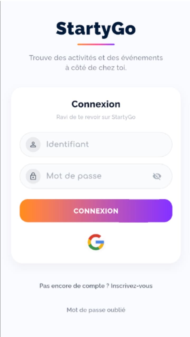Écran de connexion de StartyGo