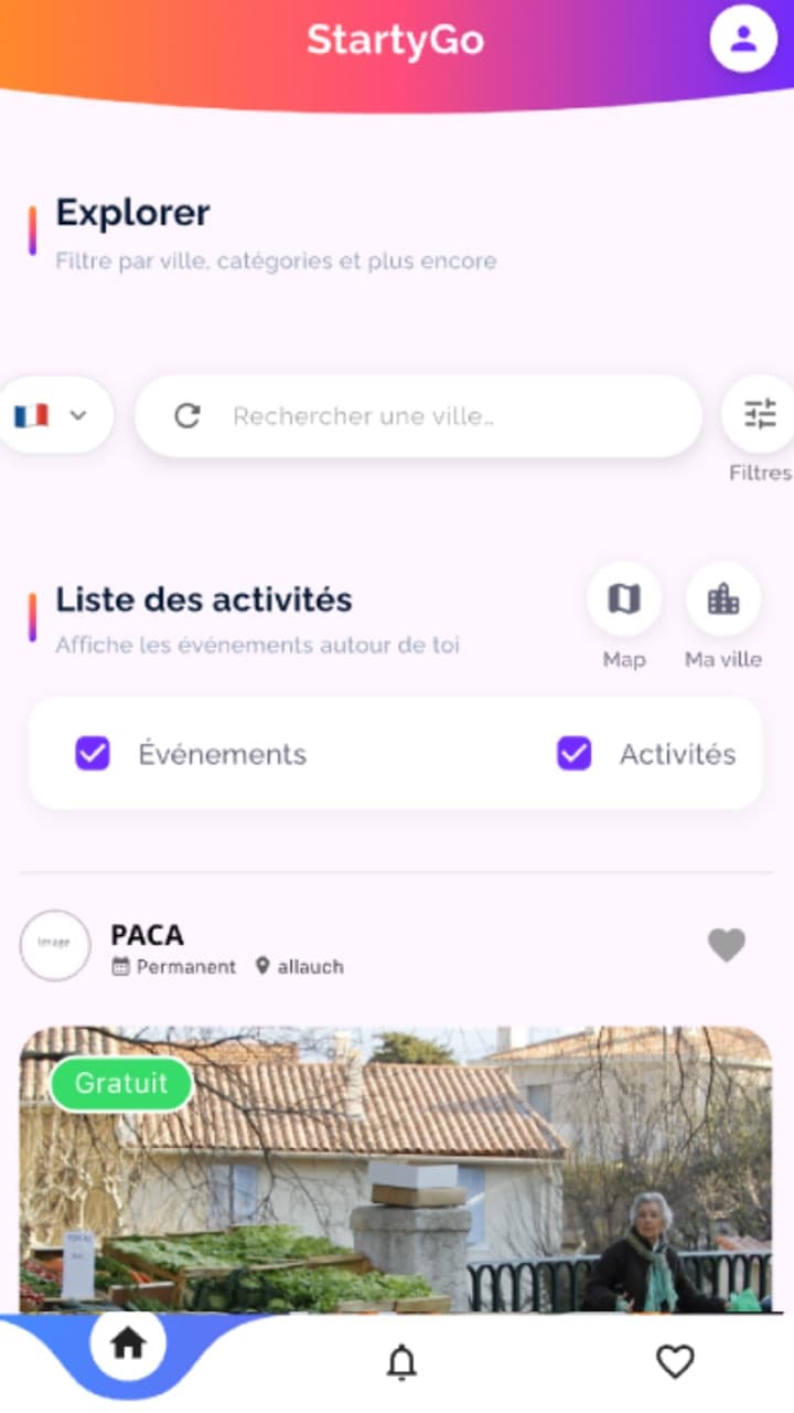 Écran Explorer de l'application StartyGo : recherche d'événements par ville